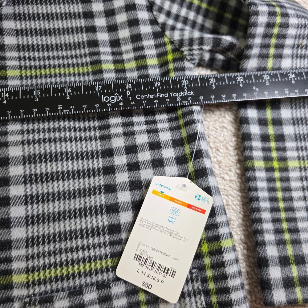Thereabouts Plaid Overcoat L 14.5/16.5 Plus Neon Trim Viscose Blend Grey Black - Picture 6 of 10